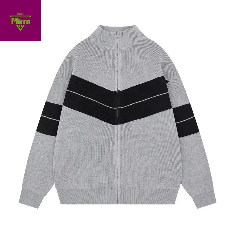

Корейский контрастный воротник-стойка на молнии, свитер-кардиган, мешковатый осенне-зимний свободный полосатый вязаный кардиган на молнии, пальто