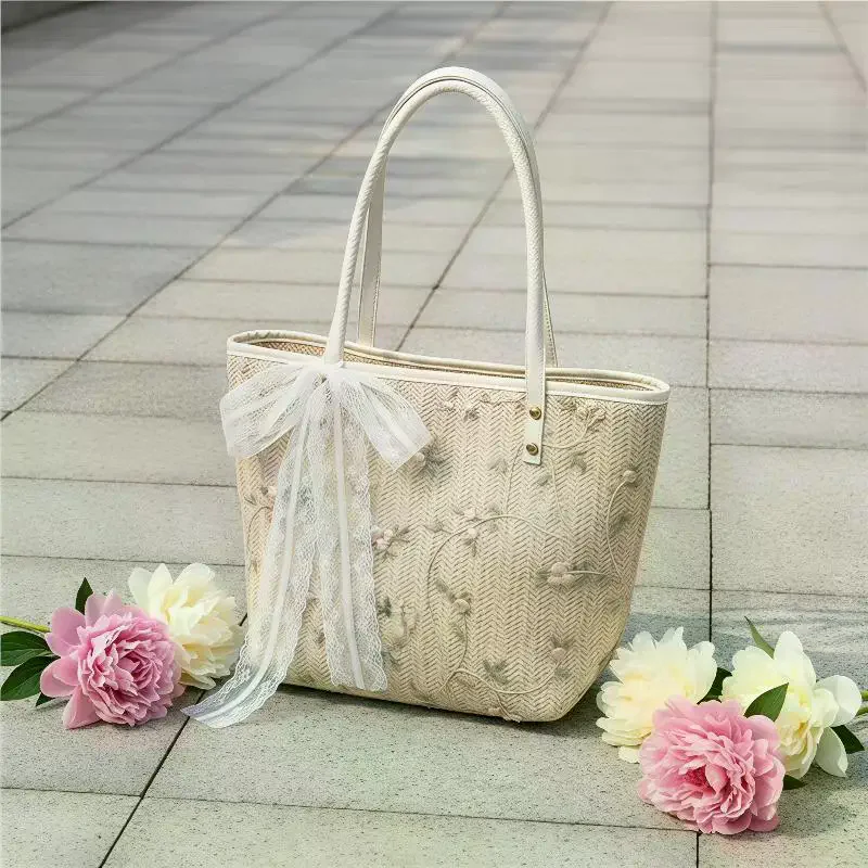 Woven Straw Tote Bag With Floral Embroidery And Lace Bow Detail Shoulder Bag Perfect For Daily Commute Beach Trips Shopping