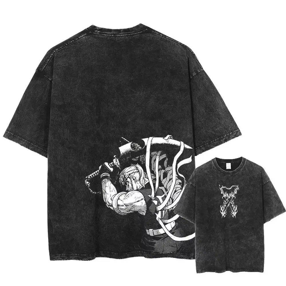 Retro Washed Anime Ghost Slayer Blade Men's and Women's Harajuku Style Loose Cotton T-shirt Popular Casual Slimming Plus Size