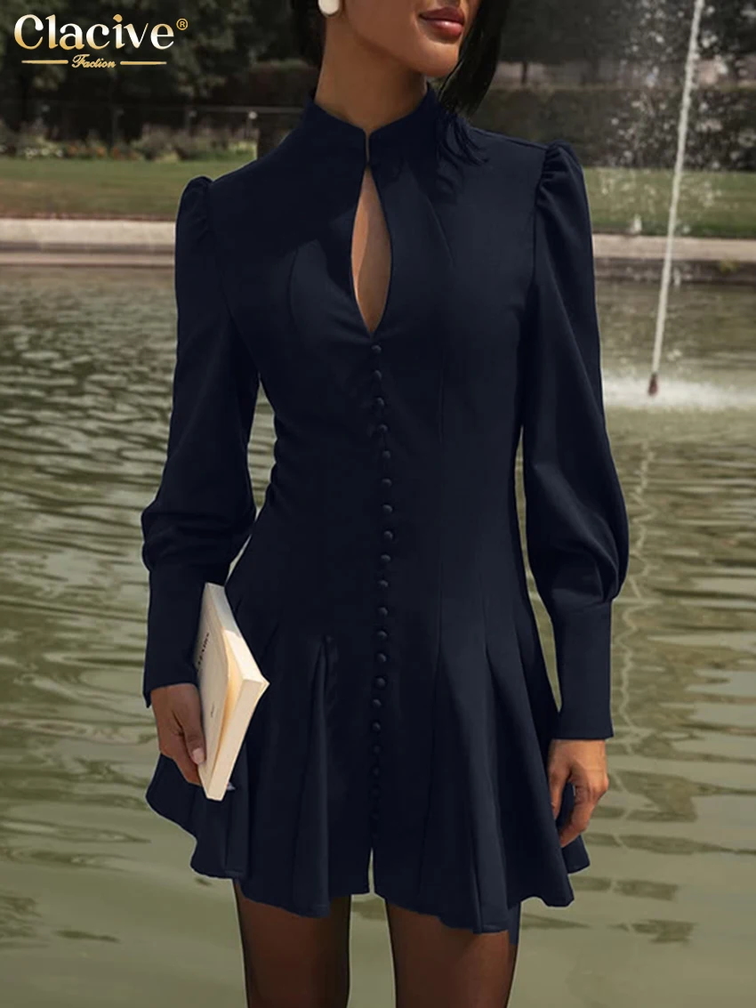 Clacive Fashion Loose Dark Blue Women's Dress 2026 Spring Stand Collar Long Sleeve Mini Dresses Elegant Hollow Out Female Dress
