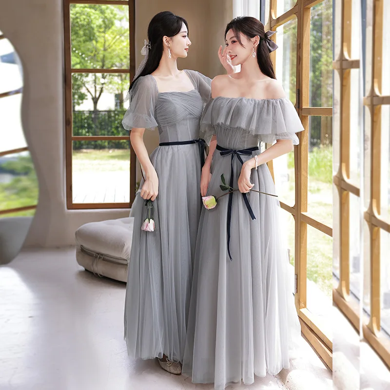 Grey Simple Bridesmaid Dress With Lace Up 4 Styles Elegant Off The Shoulder Tulle A-line Wedding Party Evening Dresses Vestidos