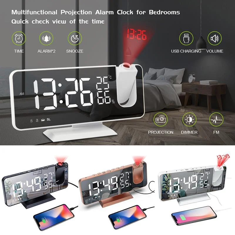 

New LED Projection Digital Alarm Clock 180° Rotatable Bedroom Clock with FM Radio Projection Humidity and Temperature Display