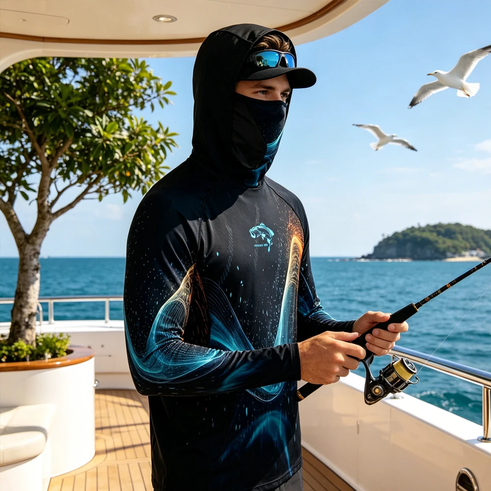Men Hooded Fishing Clothing Long Sleeve UV Hoodie with Mask Lightweight Fishing Shirt UPF50+ Fishing Wear for Fishing Sports
