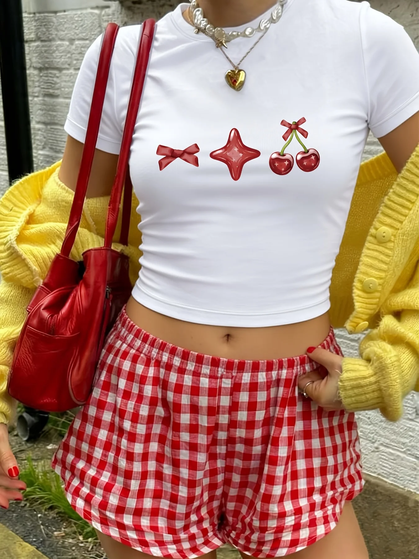 Short Cherry Bow Print with A Sweet Fitted and Flattering This Cherry Bow Print It A Great Harajuku Sleeve Aesthetic Clothes