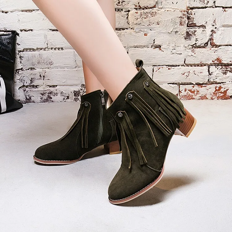 

Women velvet ankle Boots Fashion Tassel Pointed Toe Chelsea Boots chunky heels short booties