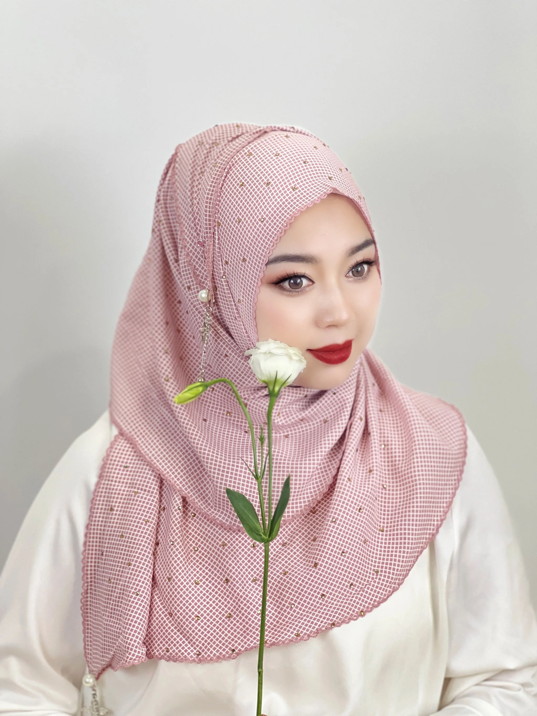 Muslim Plaid Hijab Iwith Diamonds slamic Hats Hijab Hoods Hair Loss Head Scarf Wrap Women Hijab Headband Hijab Instant Shawl