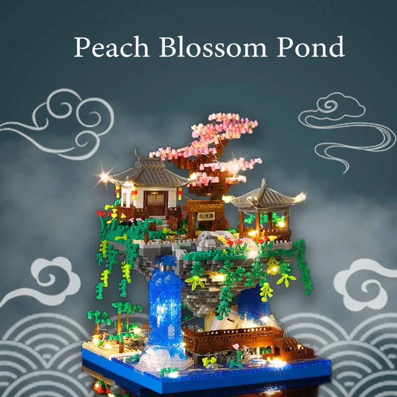 Peach Blossom Pond Block Ancient Style Creative Architectural Model Micro particle Puzzle Assembly Toy Decoration