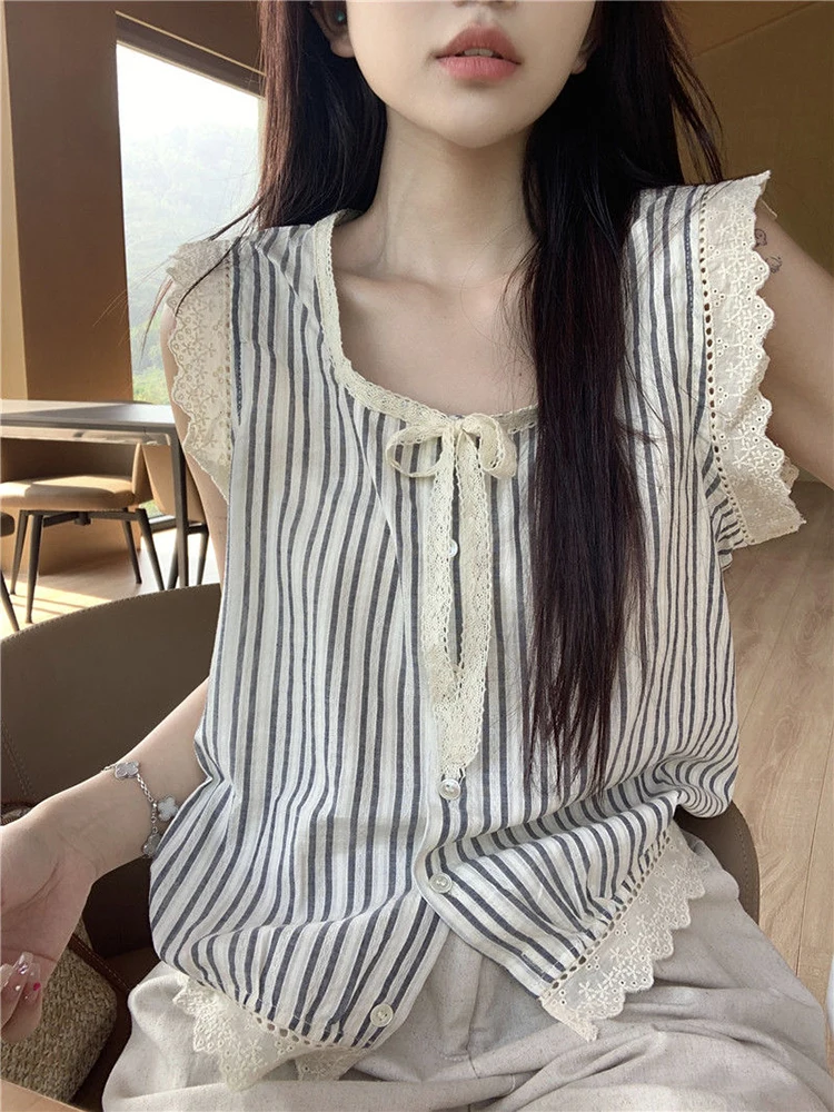 Striped Women Shirts Summer Lace Patchwork Loose Lace Up Casual Tops Korean Chic O Neck Sleeveless Button Blouse New