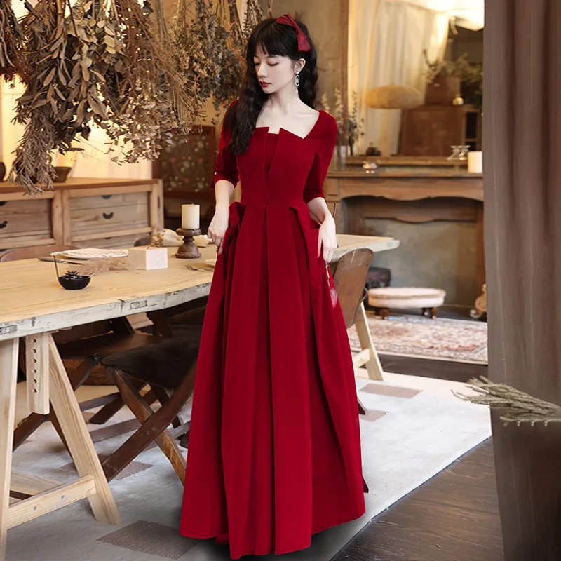 

Long Red Wine Color Wedding Dr New 2025 Sle for Engagement And Banquet Faionable A-Line Skirt Evening Gown for Women