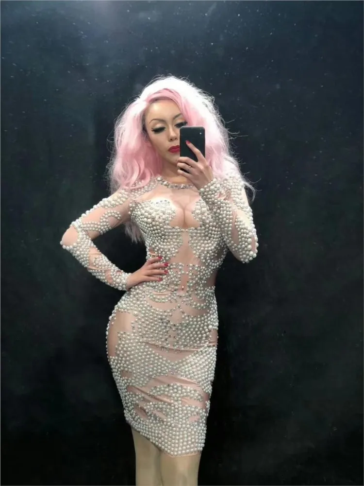 

Pearl Rhinestones Long Sleeve Bodycon Sexy Nightclub Dress Birthday Dresses