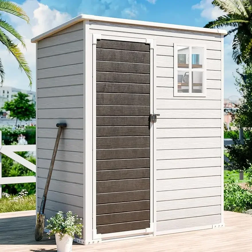 5x3 FT Resin Storage Shed, Waterproof Outdoor Shed with Floor & Lockable Door, Plastic Tool Shed for Backyard, Patio, Dove Grey