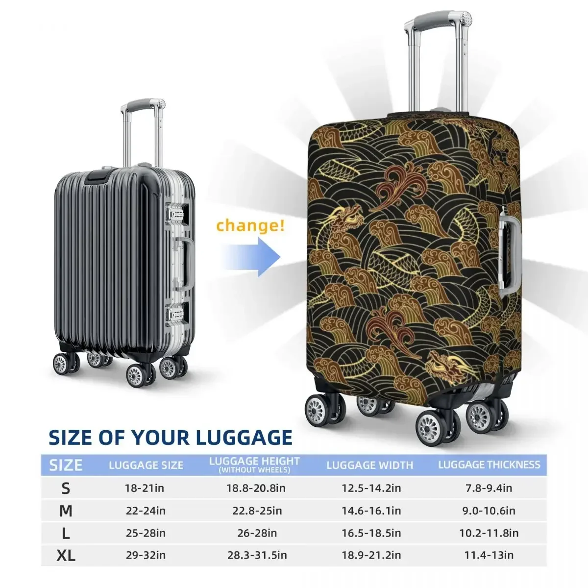 Custom Black And Gold Dragons Travel Luggage Cover Elastic Japanese Wave Suitcase Cover Protector Fit 18-32 Inch