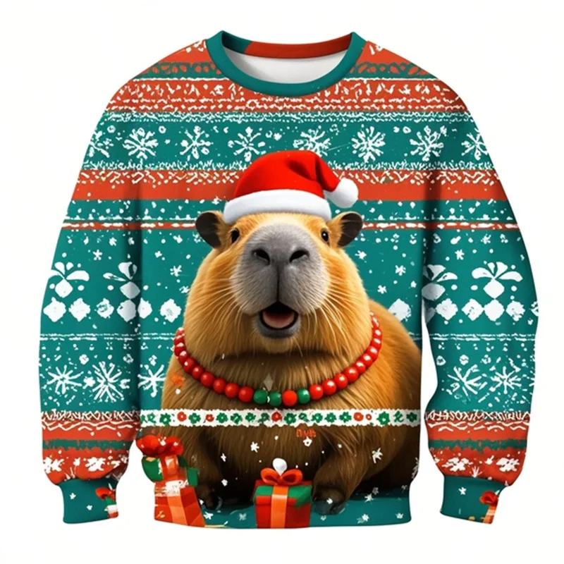 Capybara Graphic Christmas Sweatshirts For Men Women Kid Fashion O Neck Long Sleeved Pullover Casual Sports Tracksuits Tops