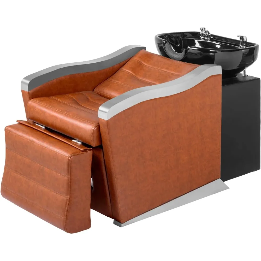 

Backwash Barber Chair with Ceramic Shampoo Bowl, Reclining Footrest, All Plumbing Kits Included, Hair Washing Station for Barbe