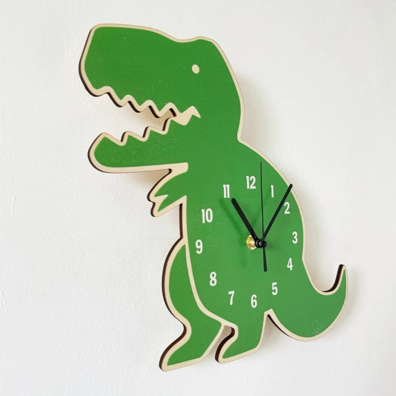 K1MF Wooden Cartoon Dinosaur Wall Clock Decoration Children Rooms Clock Kid Gift