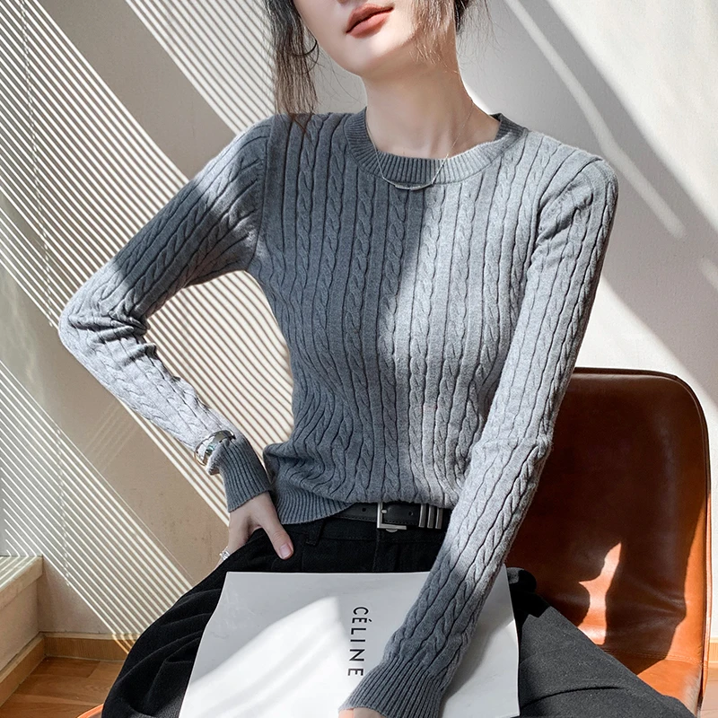 Czarny sweter damski z okrągłym dekoltem, dzianinowy, dopasowany, z długim rękawem, nowy model, bluzki damskie, swetry Q2354