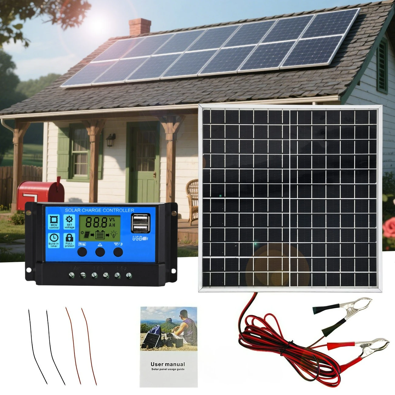 Portable Solar Panel Kit Monocrystalline 12W Aluminum Frame with 12V Solar Charge Controller for RV Boats Camping Hiking