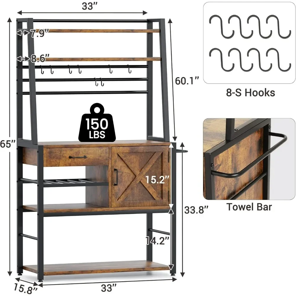 Baker's Rack, Coffee Bar Cabinet, Farmhouse Microwave Stand with Wine Rack, Drawer and 8 Hooks for Kitchens with Storage