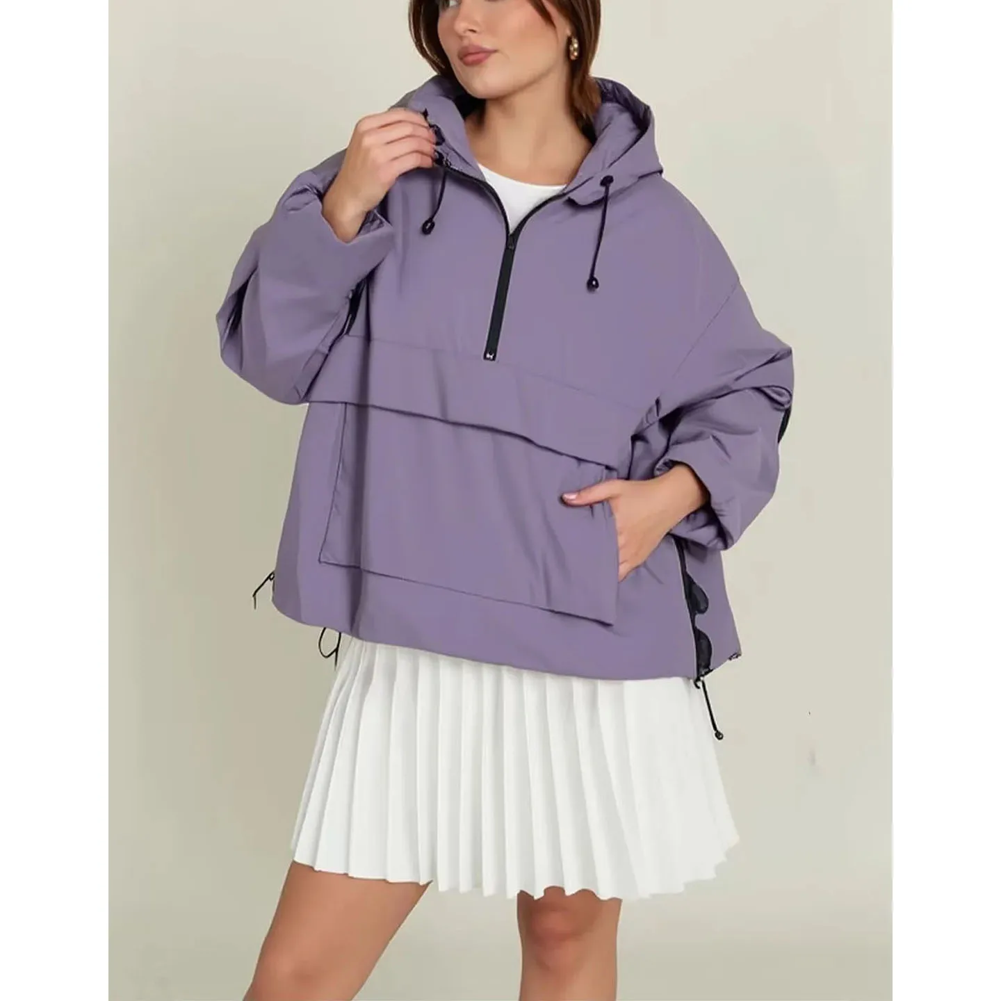 Autunno 2025 Donna Casual Spor Vestibilità ampia Colletto alla coreana Lungo Sve Giacca a vento Jaet con cappuccio Capispalla Fibra di poliestere 00%