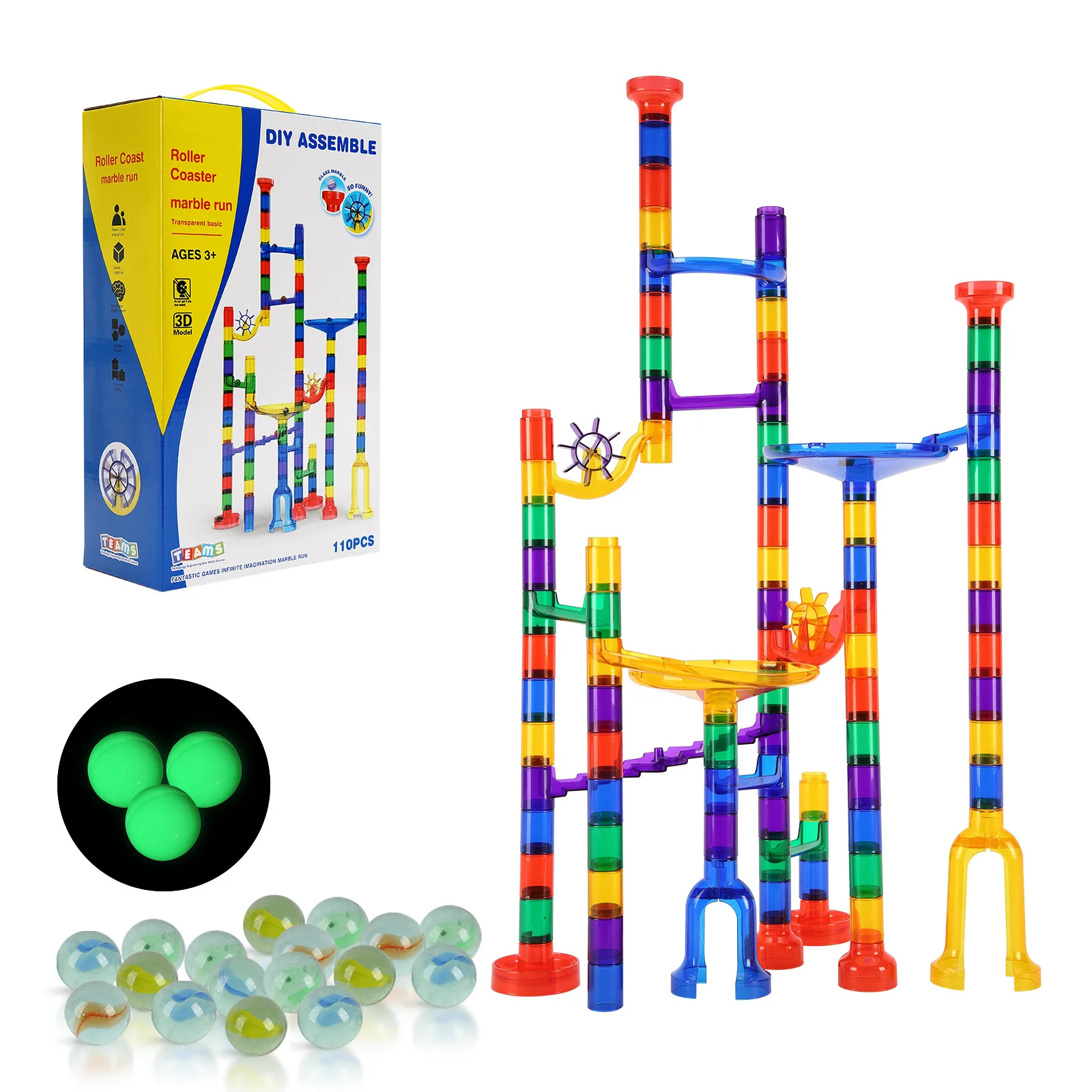 

SucceBuy Набор из 110 предметов Marble Run Marble Maze Building Block Brain Game с 10 светящимися в темноте шариками + 20 стеклянными шариками