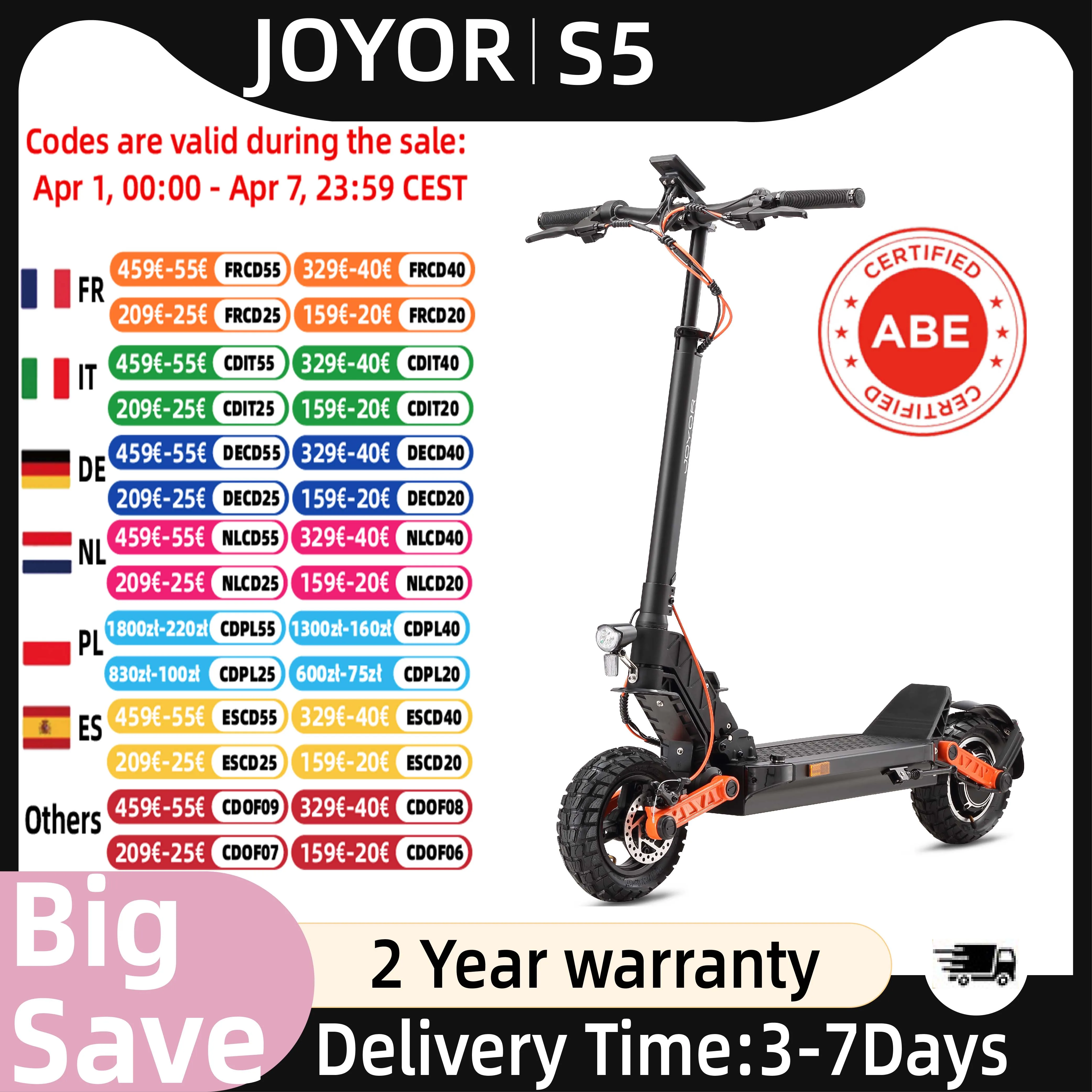 Trottinette électrique pour adultes JOYOR S5 (ABE) - Moteur 500W - Batterie 48V13AH - Trottinette électrique pliable - Pneus gonflables de 10 pouces - Trottinette électrique de ville