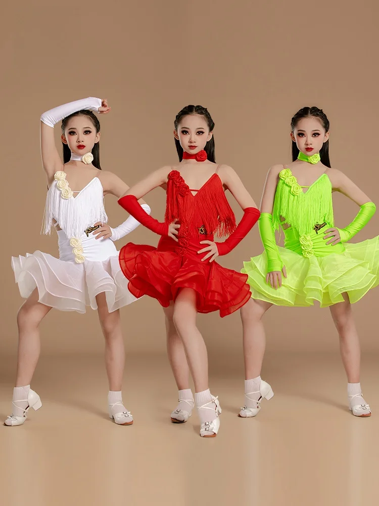 high-end-children's-tassel-latin-dance-performance-practice-suit-set-girls-training-costume-ballet-skirt-gymnastics-leotard