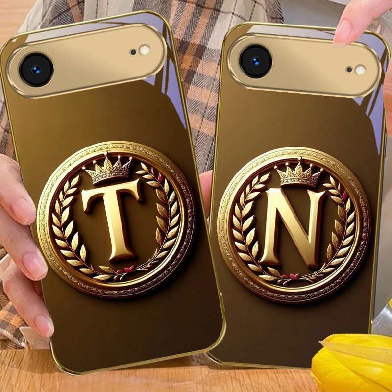 Retro style letters N T For iPhone Air 17 Pro Max 16 15 Pro 14 13 Plus 12 mini 11 17Air XR 16E 17ProMax Golden glass phone case