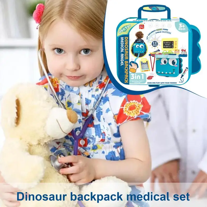 Dinossauro Mochila Medical Toy para Crianças, Doutor Finja Role Play Kit, Simulação Dentista Box, Meninas Educação, 3-em-1