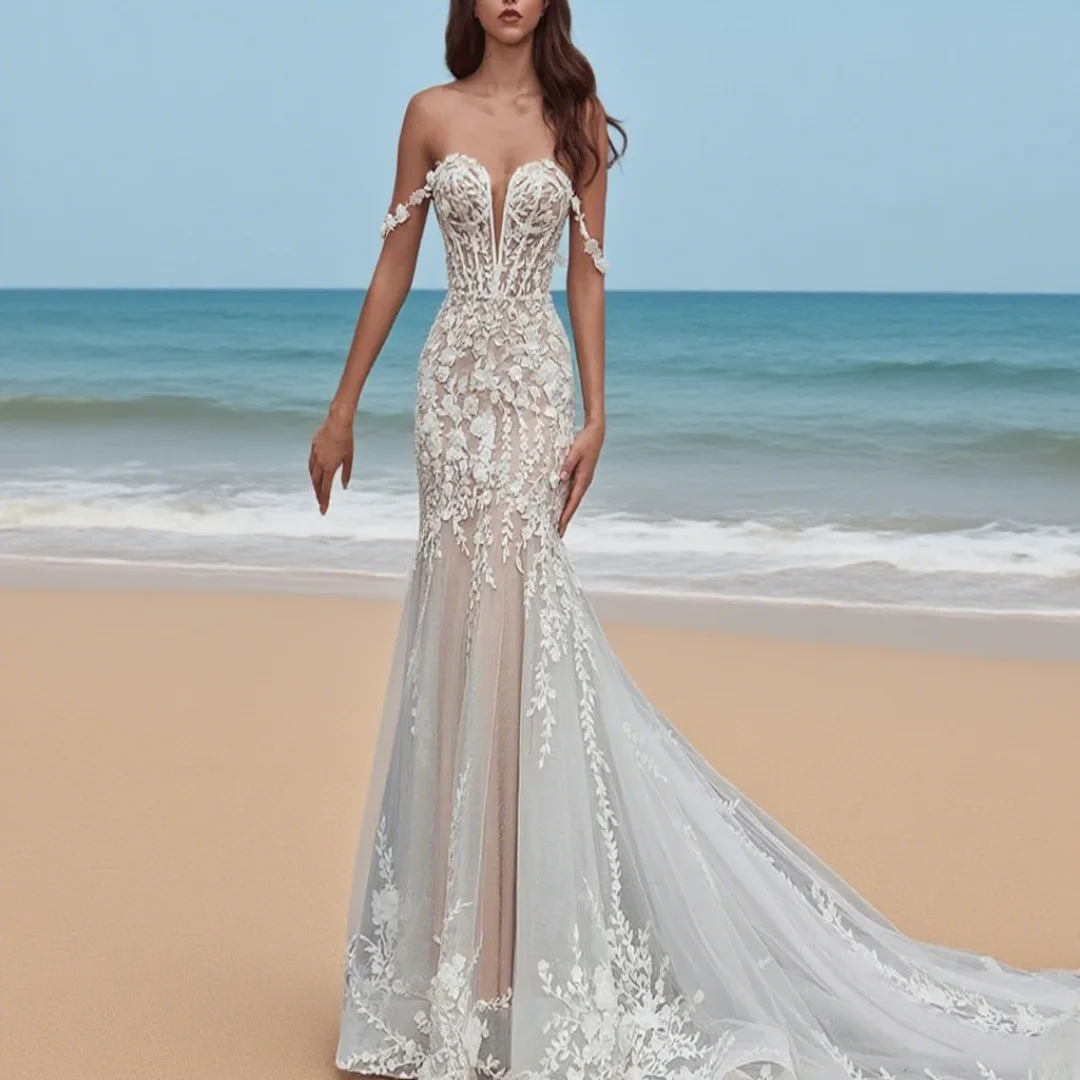 

Customized fish-tail style off-shoulder oval-shaped wrap-around wedding dress, suitable for the bride for a formal wedding.