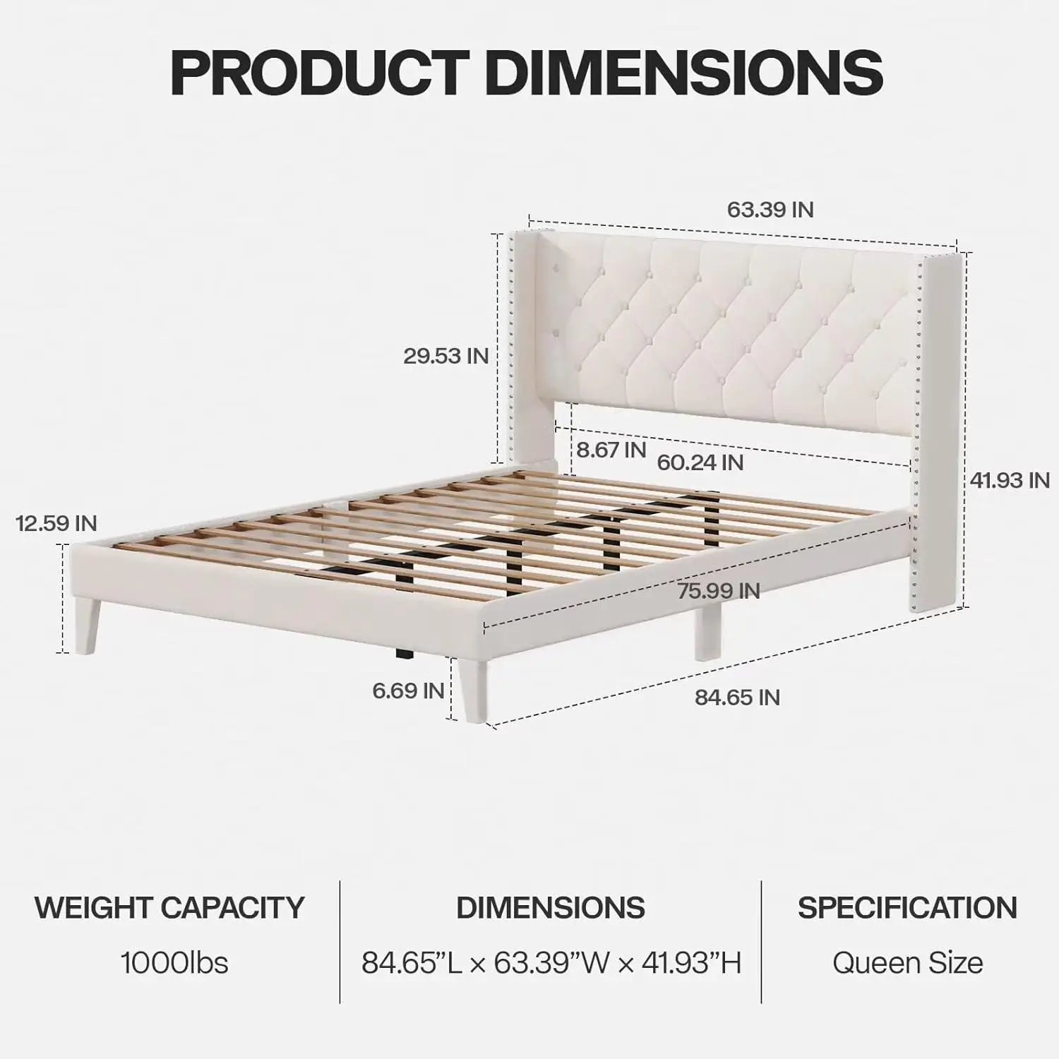 Size Bed Frame with LED Lights, Upholstered Bed Frame with Wingback Diamond Tufted Headboard, Wood Slats Support, Noise-Fr