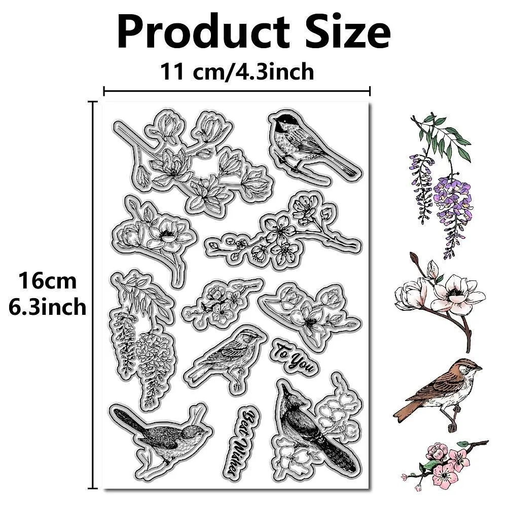 Birds Flowers Clear Rubber Stamps Sparrow Branch Blossom Vintage Spring Transparent Stamp Seals for Journaling Card Making