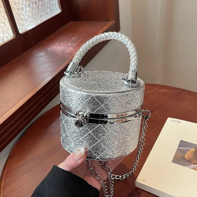 

Gold Silver Evening Bag For Women Fashion Lipstick Pouch Chain Crossbody Bag Lady Trend Clutch Bag Round Box Purse Handbag