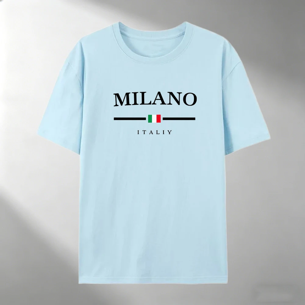 Herren Reines Baumwoll-T-Shirt MILANO Italien Flaggen-Print Kurzarm-Oberteil Lässiger Streetwear Minimalistischer Stil Locker Sitzend Tägliches Herren-Sommer-Tee-Shirt – Detail 12
