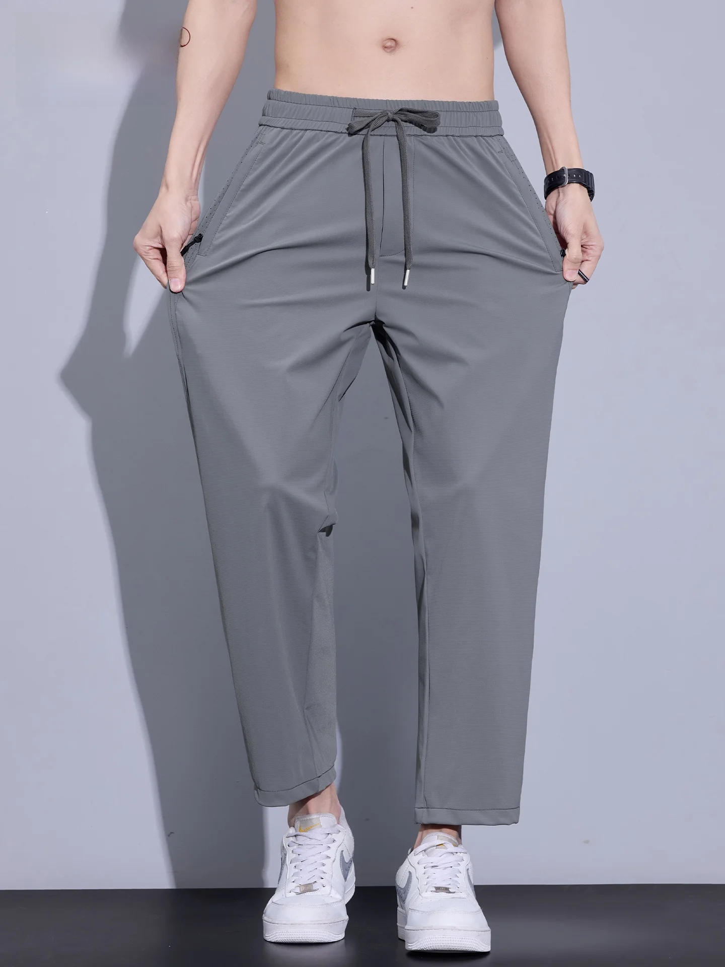 

Мужские летние тонкие брюки из ледяного шелка, повседневные, свободного кроя, прямые, высокоэластичные, быстросохнущие, спортивные, укороченные (длиной 7/8)