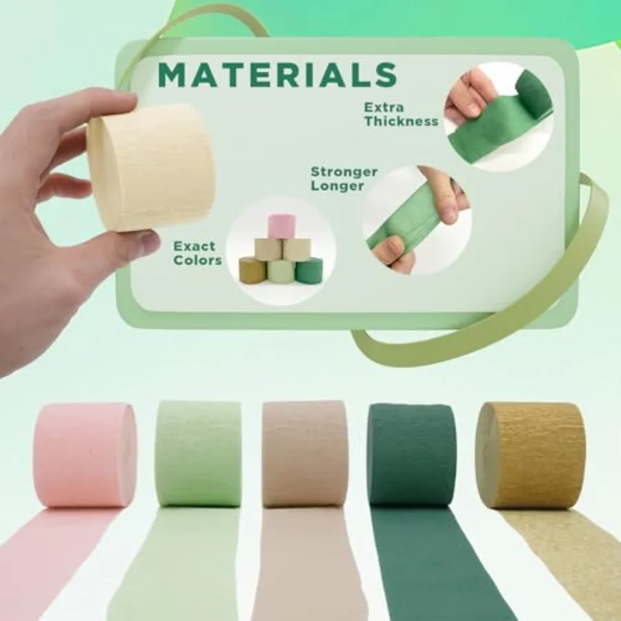 Guirnaldas de Papel Crepé para Decoración de Fiestas - 6 Rollos en Verde Hierba, Dorado, Rosa, Verde Oliva, Beige y Caqui, Rollos de Papel Crepé