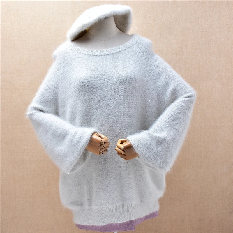 

Ladies Women Autumn Winter Clothing Hairy Shining Angora Rabbit Hair Knitted Long Puff Sleeves O-Neck Loose Pullover Sweater Top