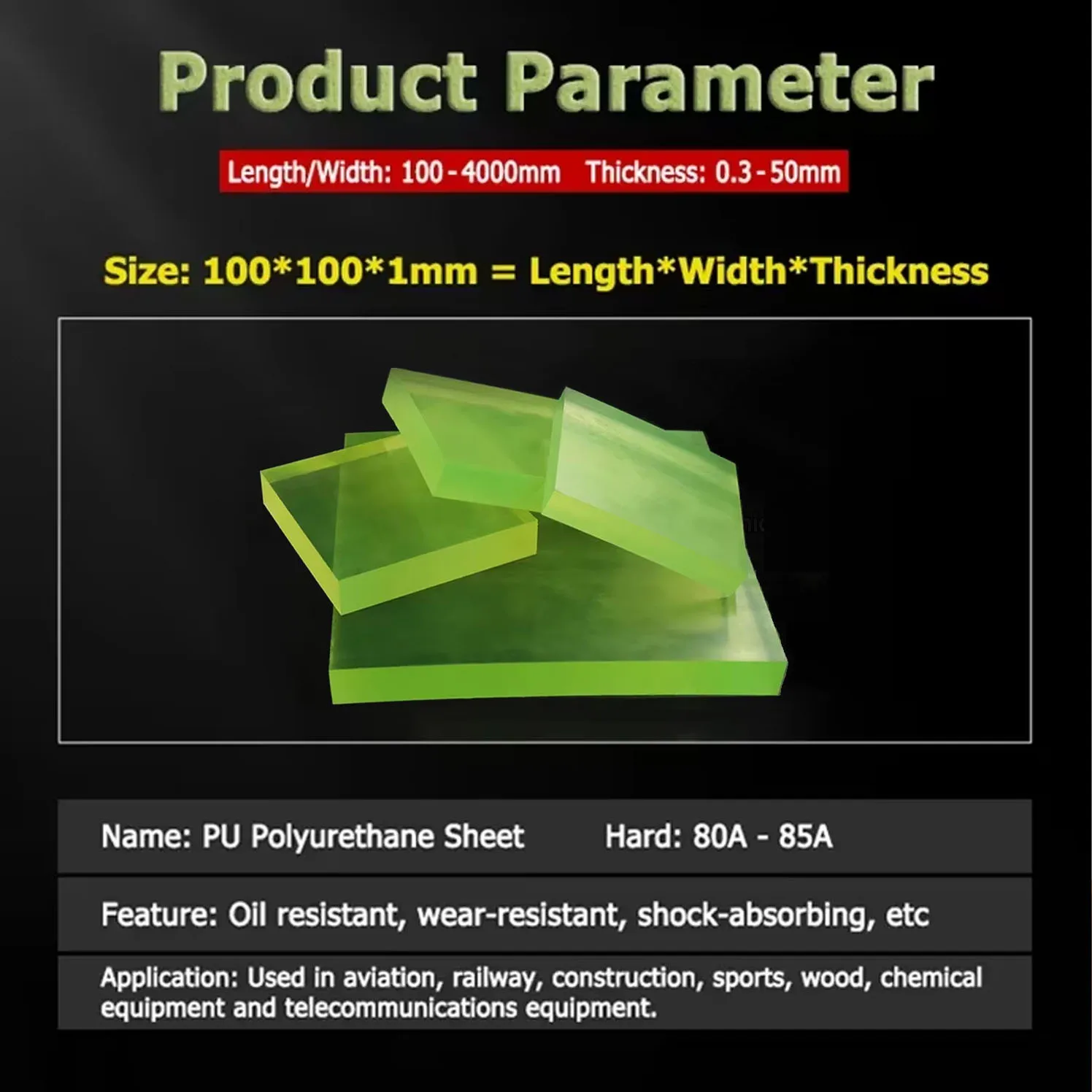 PU Polyurethane Sheet Translucent Yellow-Green Plate 100x100 150x150 200x200 300x300 400x400 500x500 600x600 800 1000 ~ 2000mm