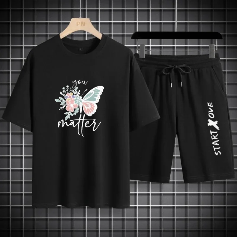 

Korean Thin Summer Men's Short Sleeve T-Shirt & Shorts Set Breathable Lightweight Two-Piece Outdoor Sports Vacation Clothing