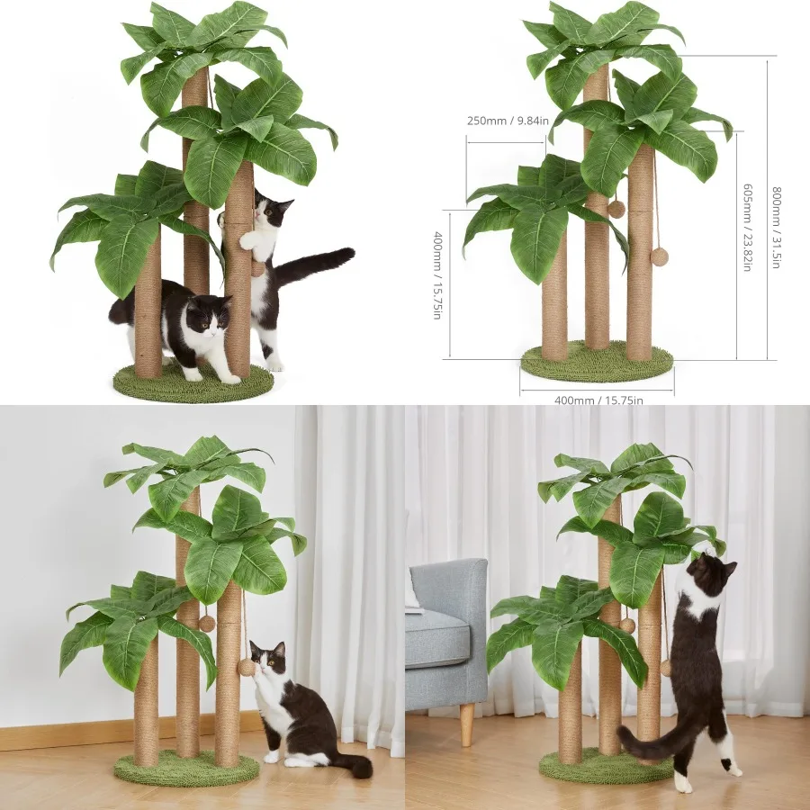 

31.5 Inch Cat Scratching Post with 3 Scratching Poles and 2 Interactive Dangling Balls for Indoor Cats Ideal for Kitten and Adu