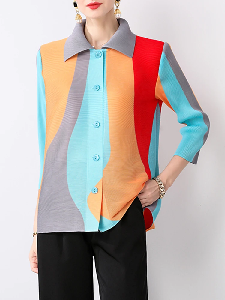 GVUW Pleated Color Block Shirts Women Lapel Full Sleeve Single Breasted Versatile New 2024 Female Loose Casual Tops 17G8578