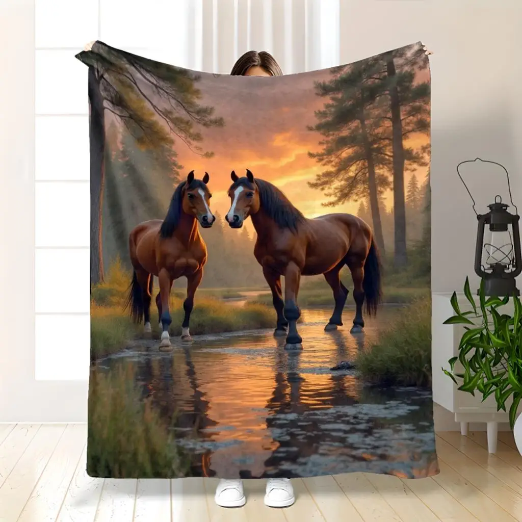 Giant Equestrian Horse Art Print Blanket 150x200cm Cozy Nature Throw for Sofa Living Room Floor Decor Gift