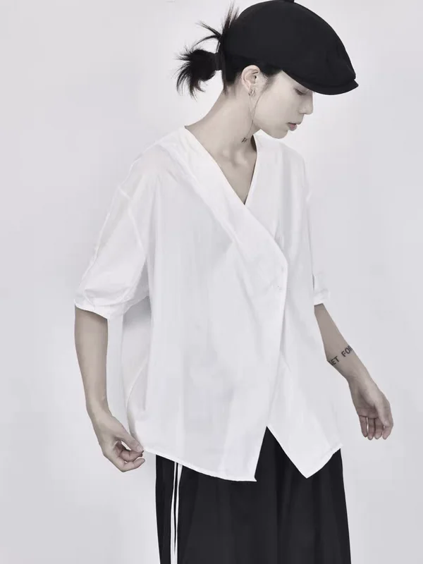 

Dark Style V-Neck Slanted Button-Up Short Sleeve Shirt Women's Simple Summer Top Thin Cotton Commute Fashion Loose Fit