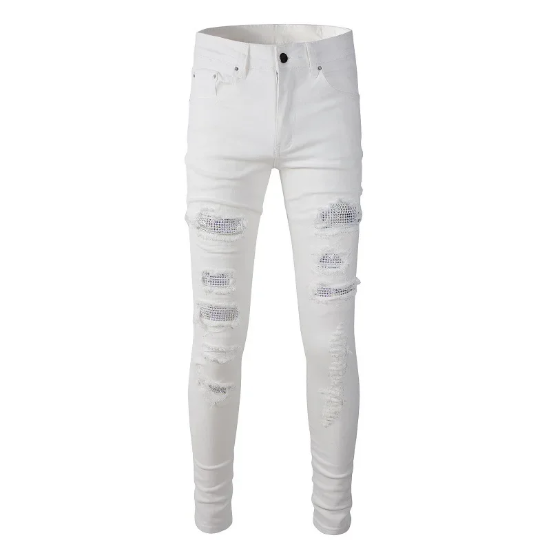 

Four Seasons New Fashion Men's Casual Trendy Elastic White Solid Color Skinny Jeans Pencil Pants Hole Patched Denim Trousers