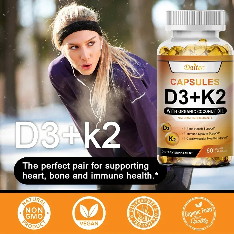 2-in-1 Vitamin D3K2 Capsules 5000iu Vitamin D3 200mcg K2 for Teeth Bones Heart Health Joint Health Immunity Organic Coconut Oil