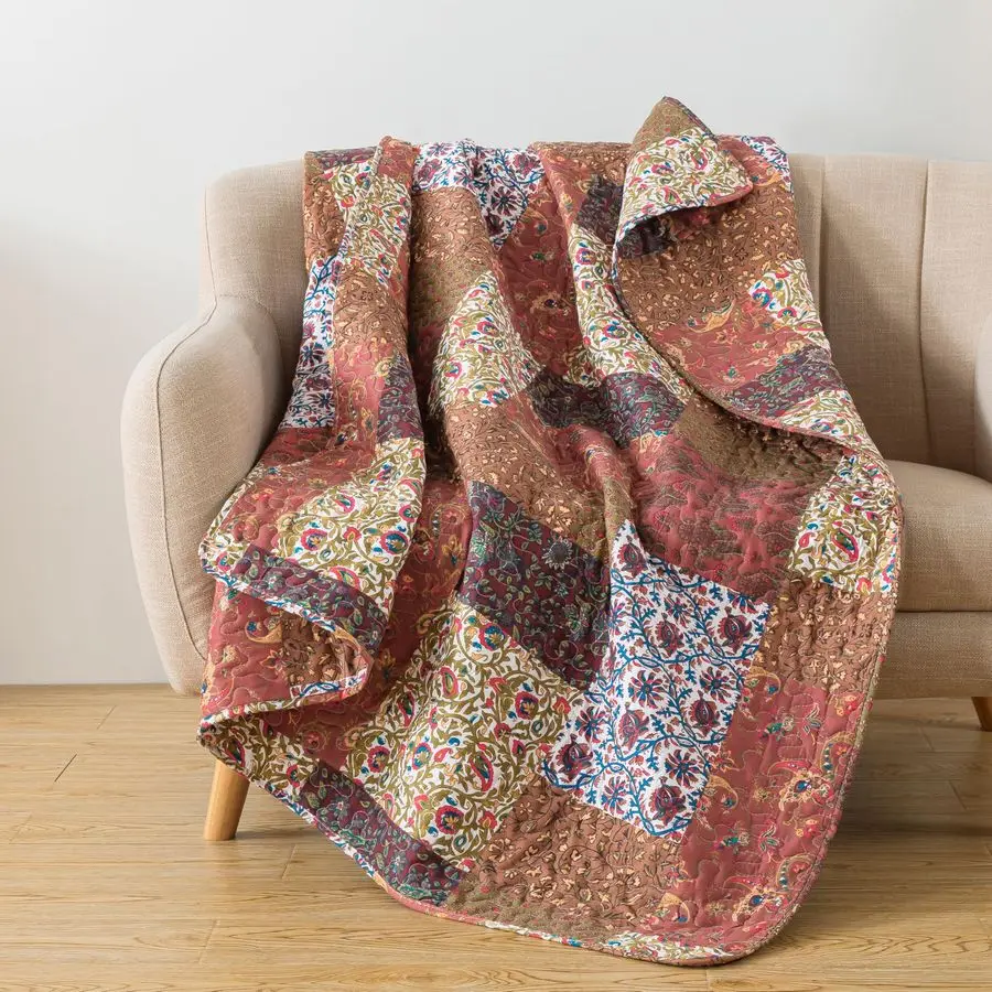 

Red Riches 50 x 60 Fall Quilted Throw Blanket, Brown and Rust Floral Pattern Throw Quilt for Couch and Bed, Autumn Red Toned Pat