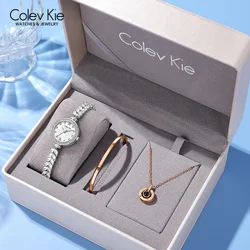 ColevKie Woman Watch Silver Diamond Bracelet Strap Round Quartz Watch Elegant Dress Casual Fashion Ladies Wristwatch Gift Sets