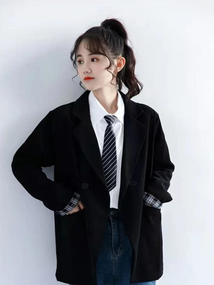 ​Petite Women's Spring Autumn Black Rolled Cuffs Blazer New Arrival Loose Vintage Casual Plaid Korean Style Chic Suit Jacket​