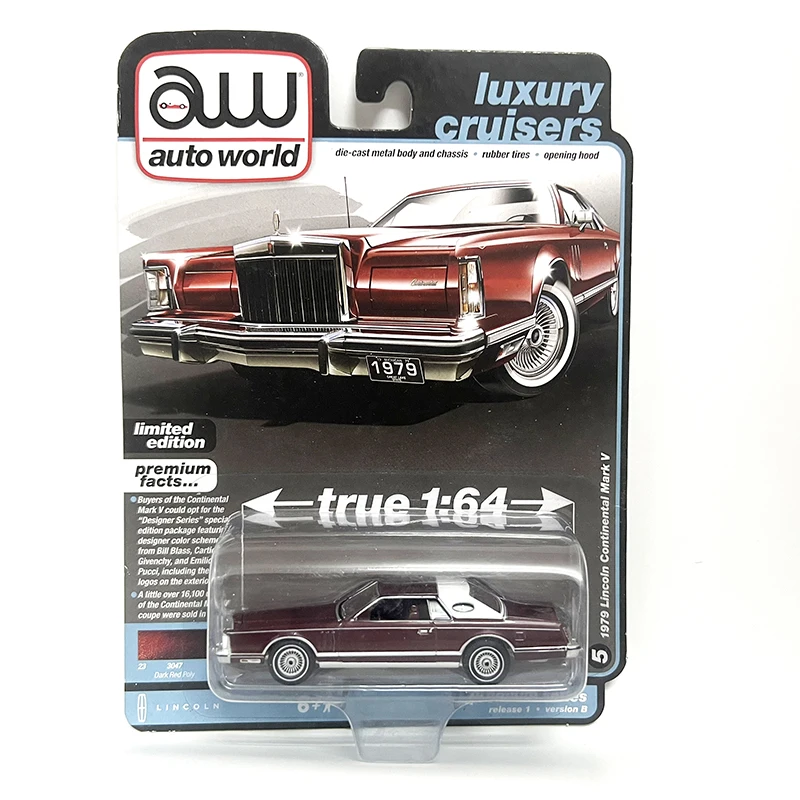 Auto World AW 1/64 5-1979 Lincoln Continental Mark V Wine red Die-cast alloy car model toy collection Children gift