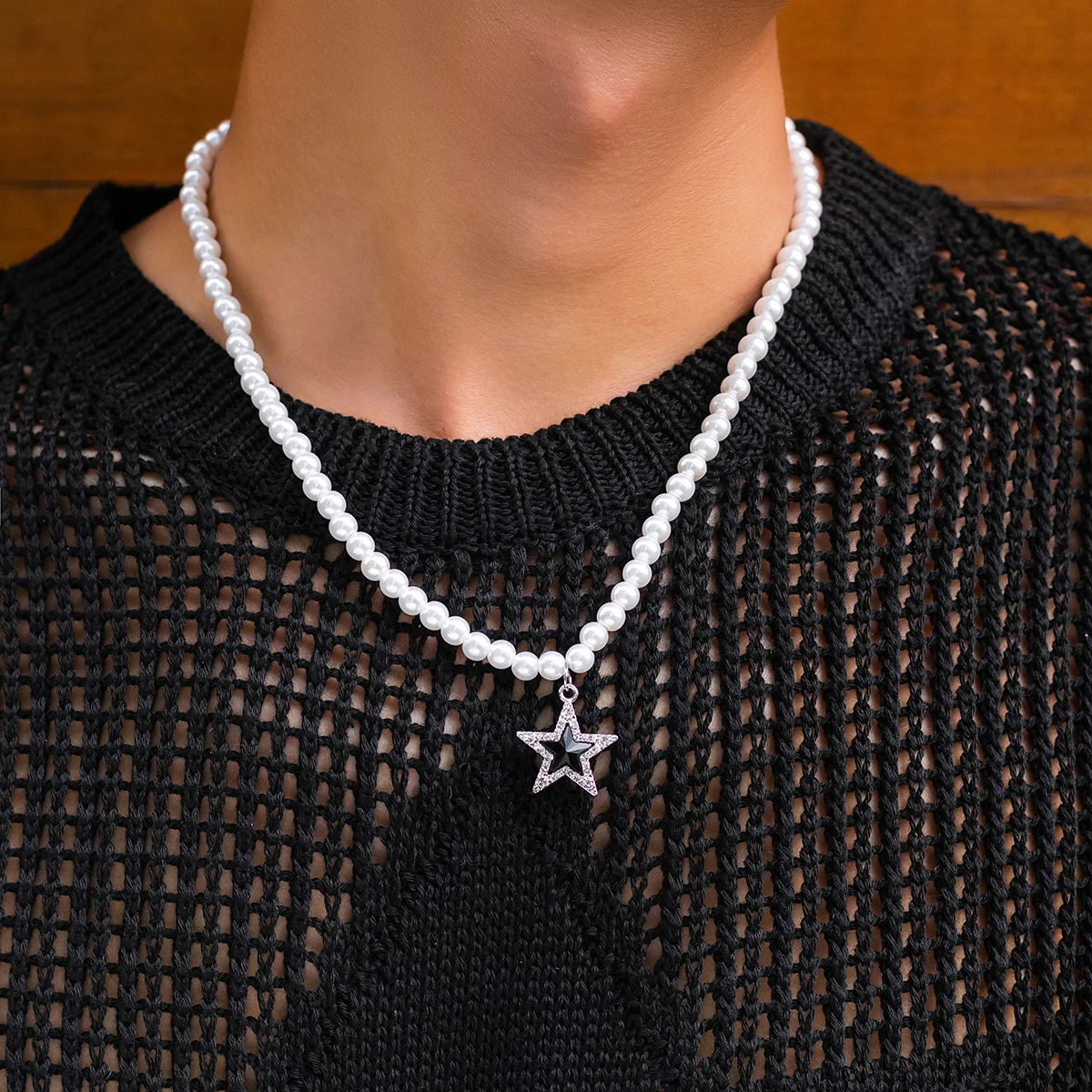 Salircon Prosty, ręcznie wykonany krótki naszyjnik z imitacji pereł Moda męska Rhinestone Star Pendant Choker Punk Party Jewelry — zdjęcie 4