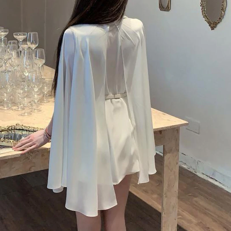 Summer new anti roll new cape shawl chiffon shirt design sense cinched waist shirt with belt included tops